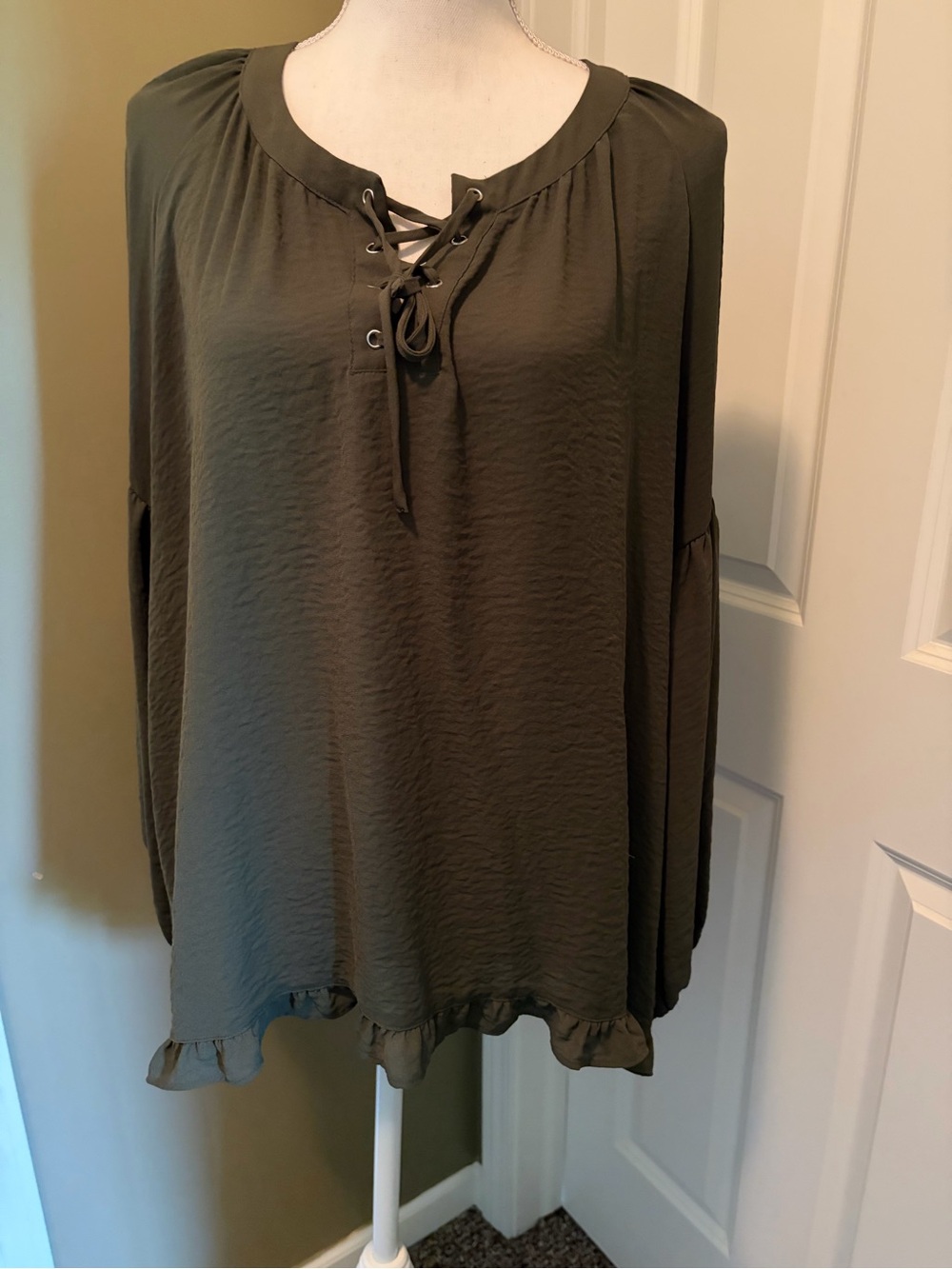 Rebecca Taylor Olive Green Lace-Up Ruffle Hem Blouse